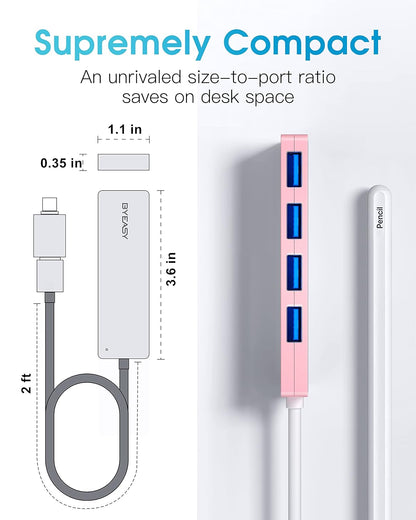 BYEASY USB Hub, USB 3.1 C to USB 3.0 Hub with 4 Ports and 2ft Extended Cable, Ultra Slim Portable USB Splitter for MacBook, Mac Pro/Mini, iMac, Ps4, PS5, Surface Pro, Flash Drive, Samsung(Pink)