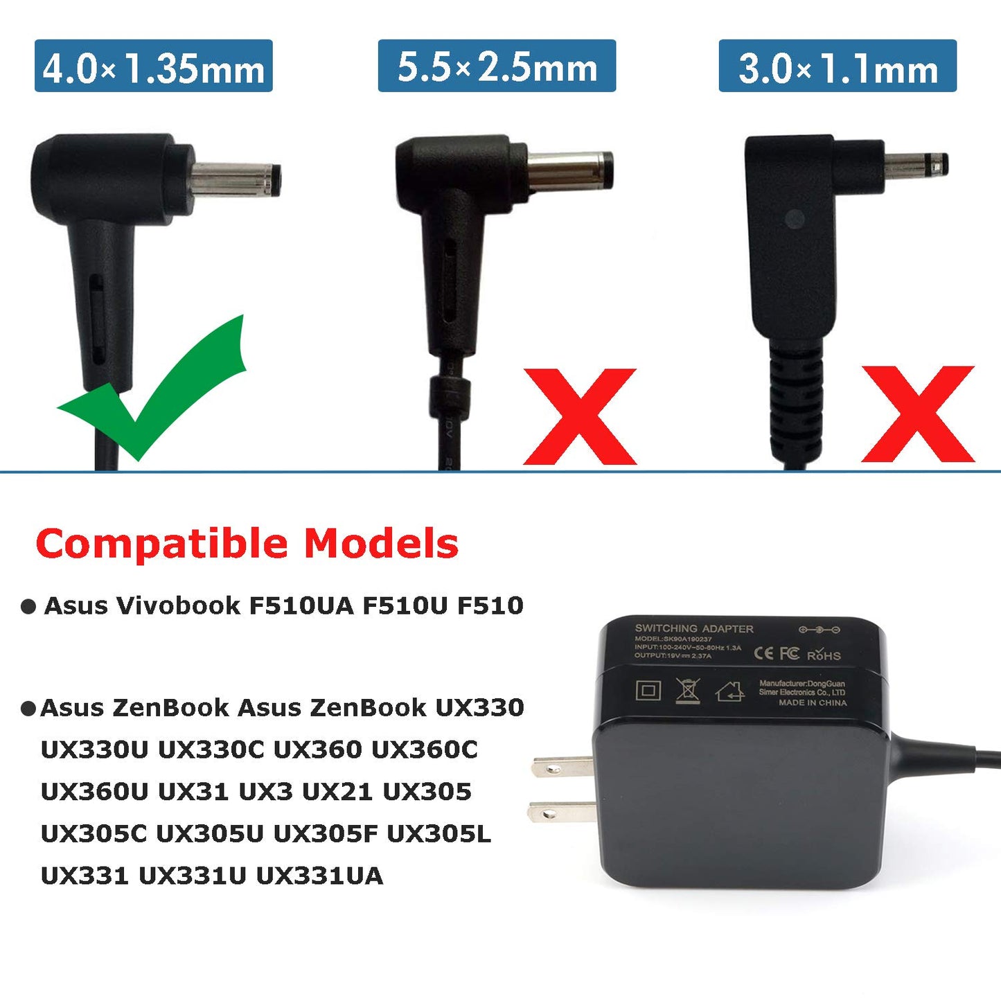 Hi-Lite Essentials 45W Power Adapter 19V 2.37A for Asus Zenbook UX305L UX305LA UX305U UX305UA UX305 UX305LA-AB51 - (Pin Size: 4mm x 1.35mm)