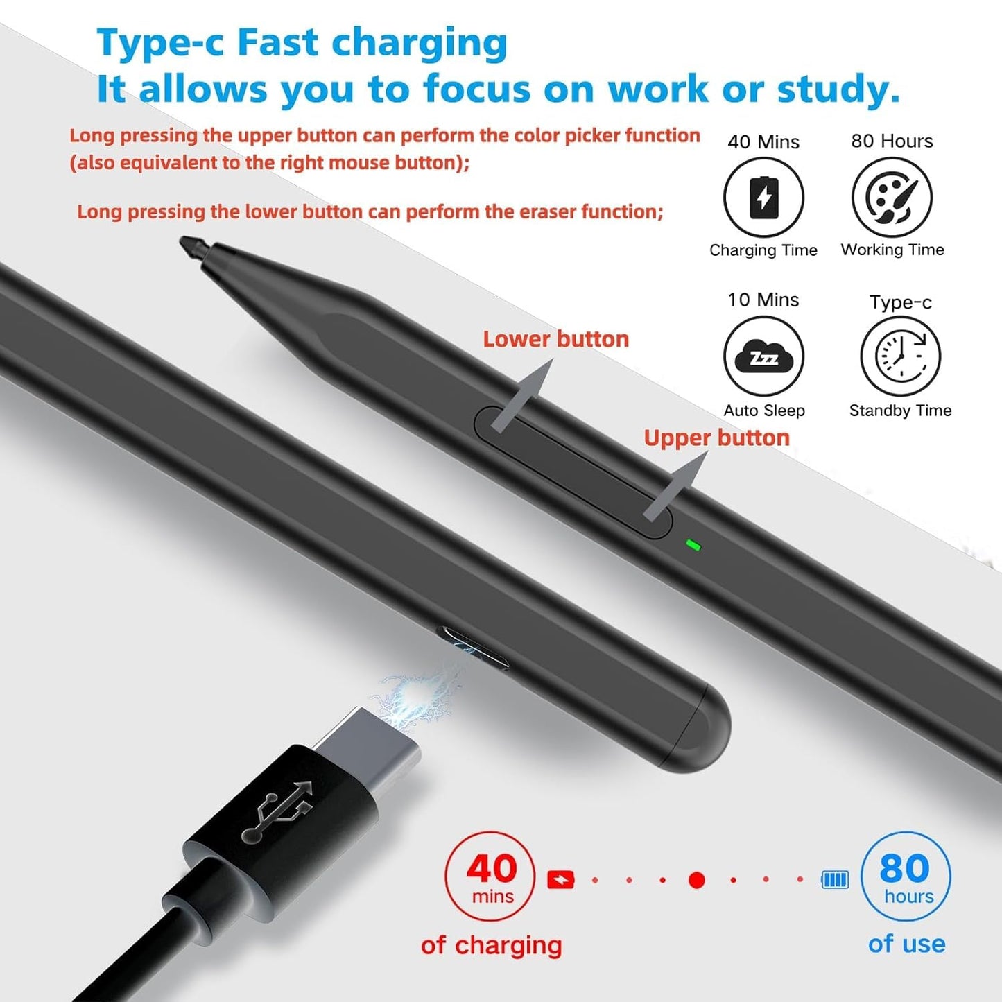 Stylus Pen for Microsoft Surface Pro 12/11/10/9/8/X/7+/6/5/4/3, Go 4/3/2/1, Laptop 1-6/Studio/Book, with Palm Rejection, Tilt Function, 1024 Pressure, Black