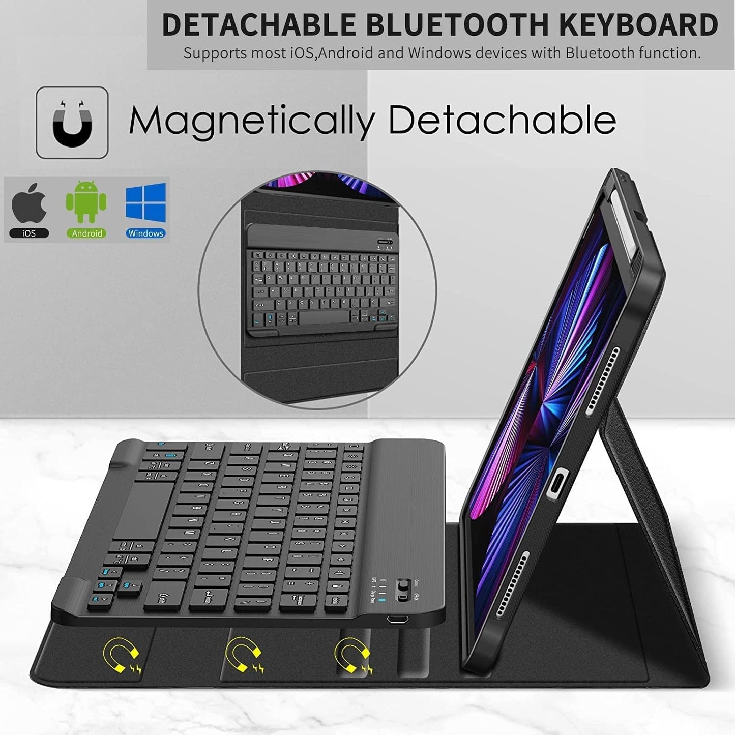 Hi-Lite Essentials iPad Cover Case with Keyboard for iPad Air 11 (M3/M2, 2025/2024), Pro 11 (4th/3rd/2nd/1st Gen) & iPad Air 5th/4th with Multi Viewing Angle, PU Leather, Magnetic Detachable Wireless Keyboard case, Pencil Holder