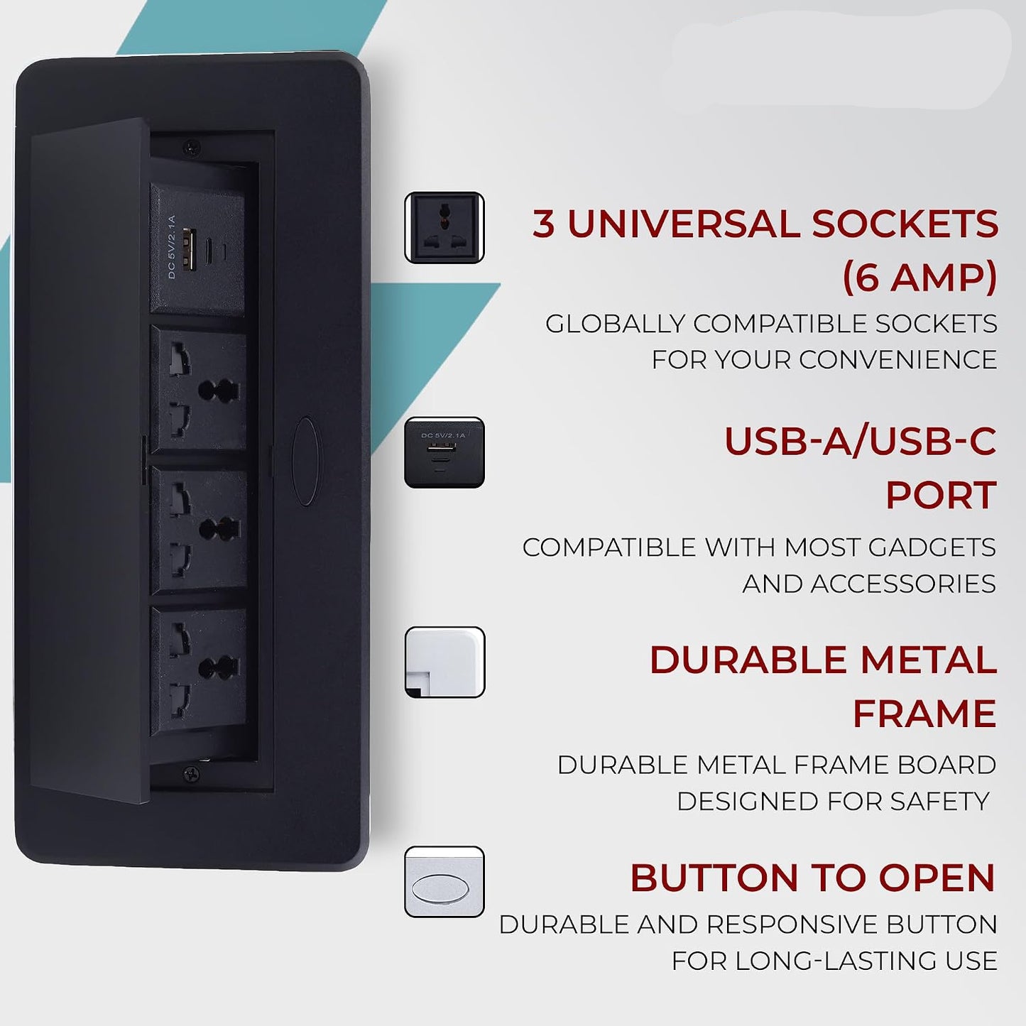 Hydraulic Pop UP Box Cable Cubby Extension Board with 3 x Universal Power Sockets, 1 x USB Type C & 1 x USB A Ports (Black)