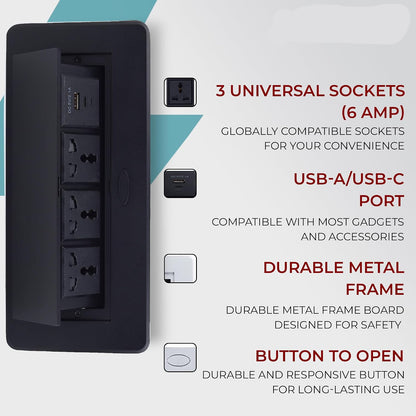 Hydraulic Pop UP Box Cable Cubby Extension Board with 3 x Universal Power Sockets, 1 x USB Type C & 1 x USB A Ports (Black)