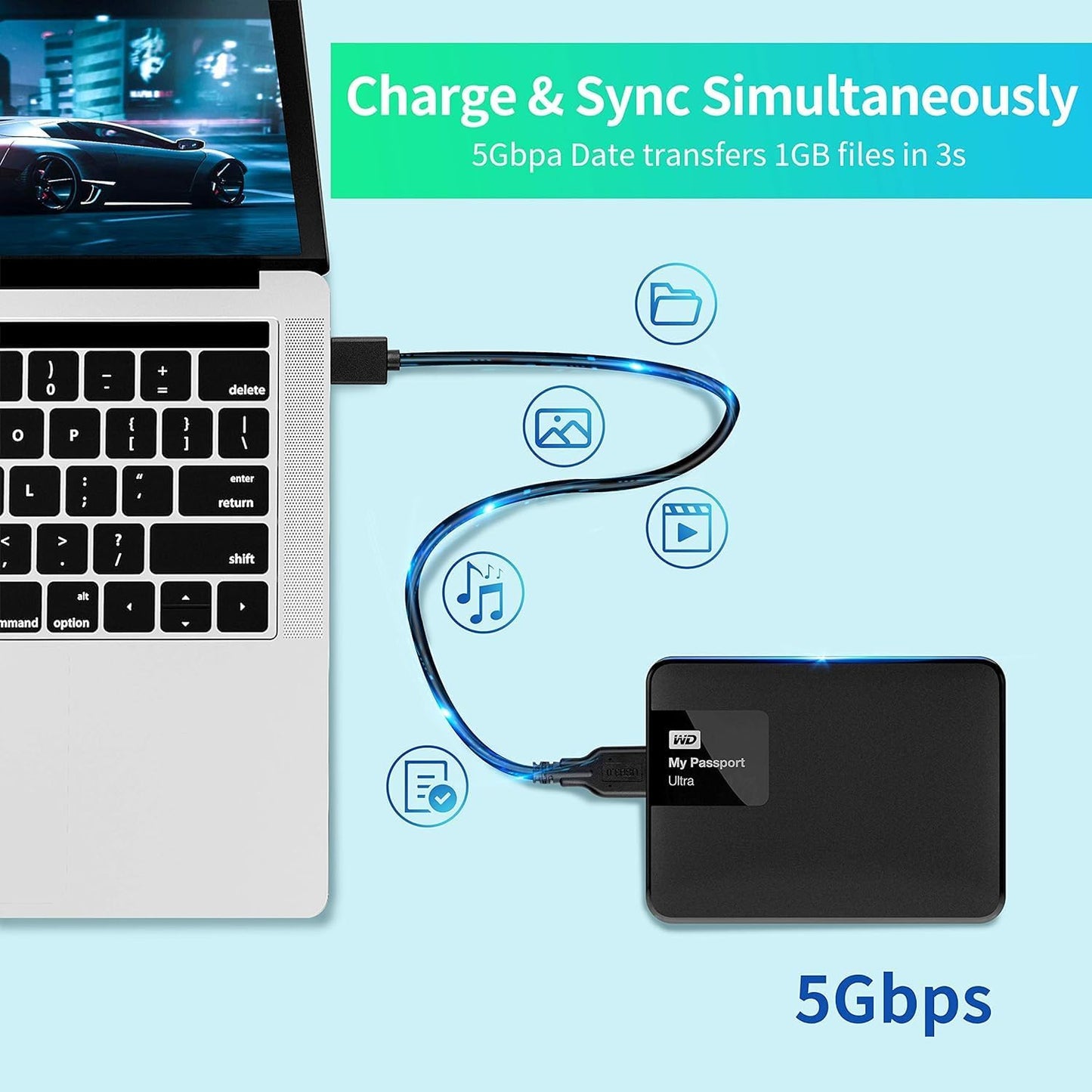USB 3.0 High Speed Portable External Hard Disk Cable | Speed Upto 5 Gbps | Compatible with WD, Segate, Toshiba, Lacie | Length : 30 Cm / 1 Ft