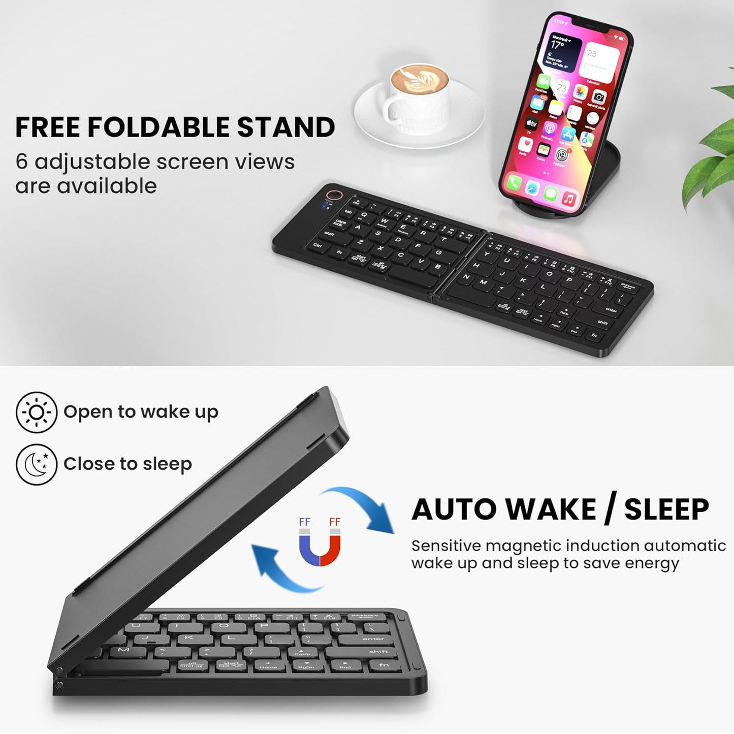 Portable Wireless Multi-Device Two Fold Foldable Keyboard with Phone Holder Bluetooth Handheld Multi-device Keyboard Compatible with Desktop, Laptop, Tablet, iPad, Mac Easy to Use,Plug and Play,Quick, Comfy Durable body  (Black)