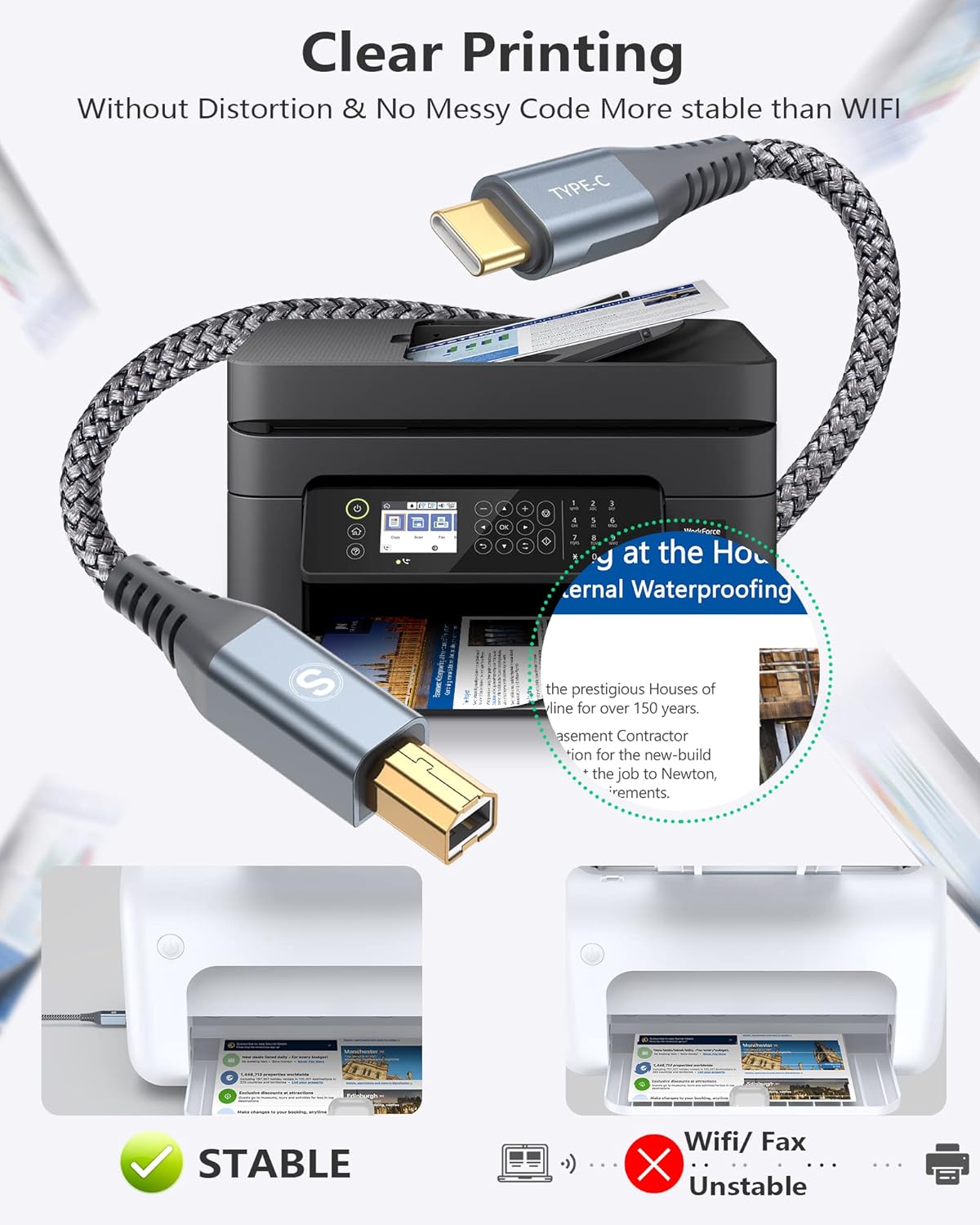 USB Type-C to USB B Printer Cable Nylon Braided for MacBook Pro/Air, Digital Piano MIDI Controller, HP Epson Canon Brother Lexmark Printers and Scanner