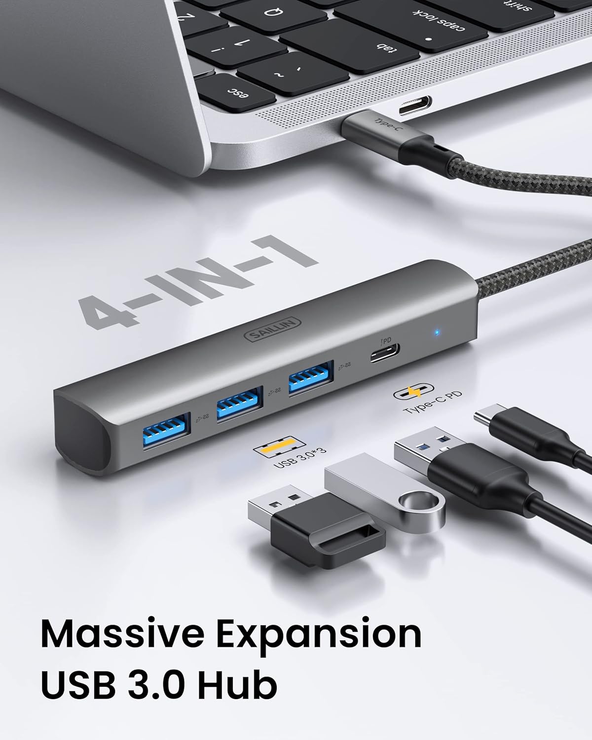 USB C Hub, SAILLIN 4 in 1 USB C Multiport Adapter Hub with 3 USB 3.0 Port, 100W Power Delivery, Aluminum Shell USB C/Thunderbolt 3 to USB 3.0 Adapter for MacBook Pro/Air, iPad Pro, XPS, and More