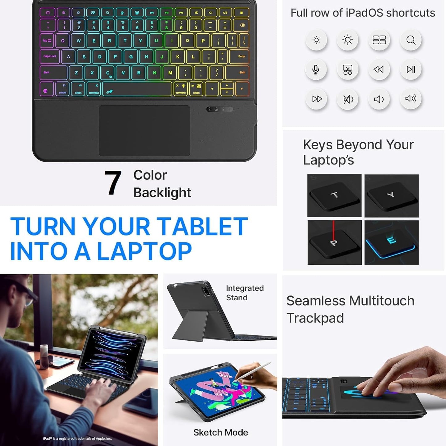 Wireless Bluetooth TouchPad Backlit Keyboard Case for iPad 11th Gen A16/10th Gen, iPad Air 11 M4/M2/M3(2026/2025/2024), iPad Pro 11 inch 4th/3rd/2nd/1st Gen, iPad Air 5th/4th Gen 10.9 inch | Grey