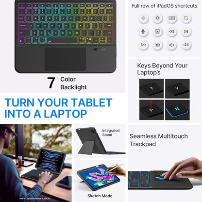 Wireless Bluetooth TouchPad Backlit Keyboard Case for iPad 11th Gen A16/10th Gen, iPad Air 11 M4/M2/M3(2026/2025/2024), iPad Pro 11 inch 4th/3rd/2nd/1st Gen, iPad Air 5th/4th Gen 10.9 inch | Grey