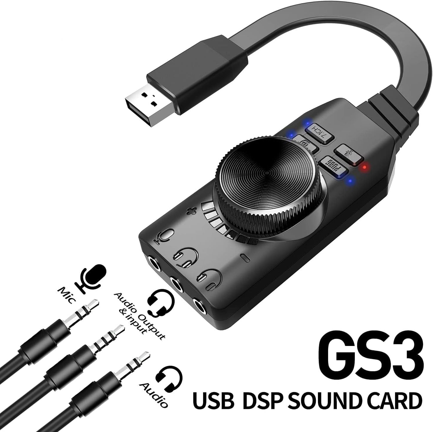 GS3 Mark II Virtual 7.1 Channel USB Sound Card Adapter, Microphone and 3.5mm Dual Headphone Audio Jack Stereo Sound Card Converter, Including PUBG and League of Legends Sound Effects
