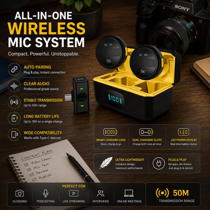 Wireless Microphone for YouTube, Noise Cancelling Lavalier Mic with 164ft Range, 40H Battery | Type-C & Lightning Compatible for Iphone and Android