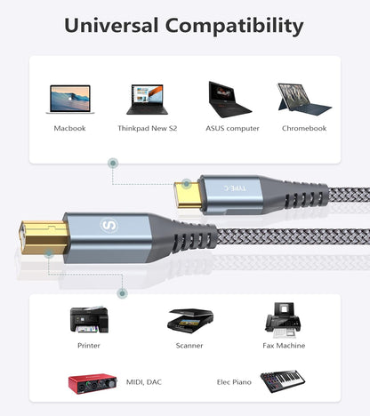USB Type-C to USB B Printer Cable Nylon Braided for MacBook Pro/Air, Digital Piano MIDI Controller, HP Epson Canon Brother Lexmark Printers and Scanner