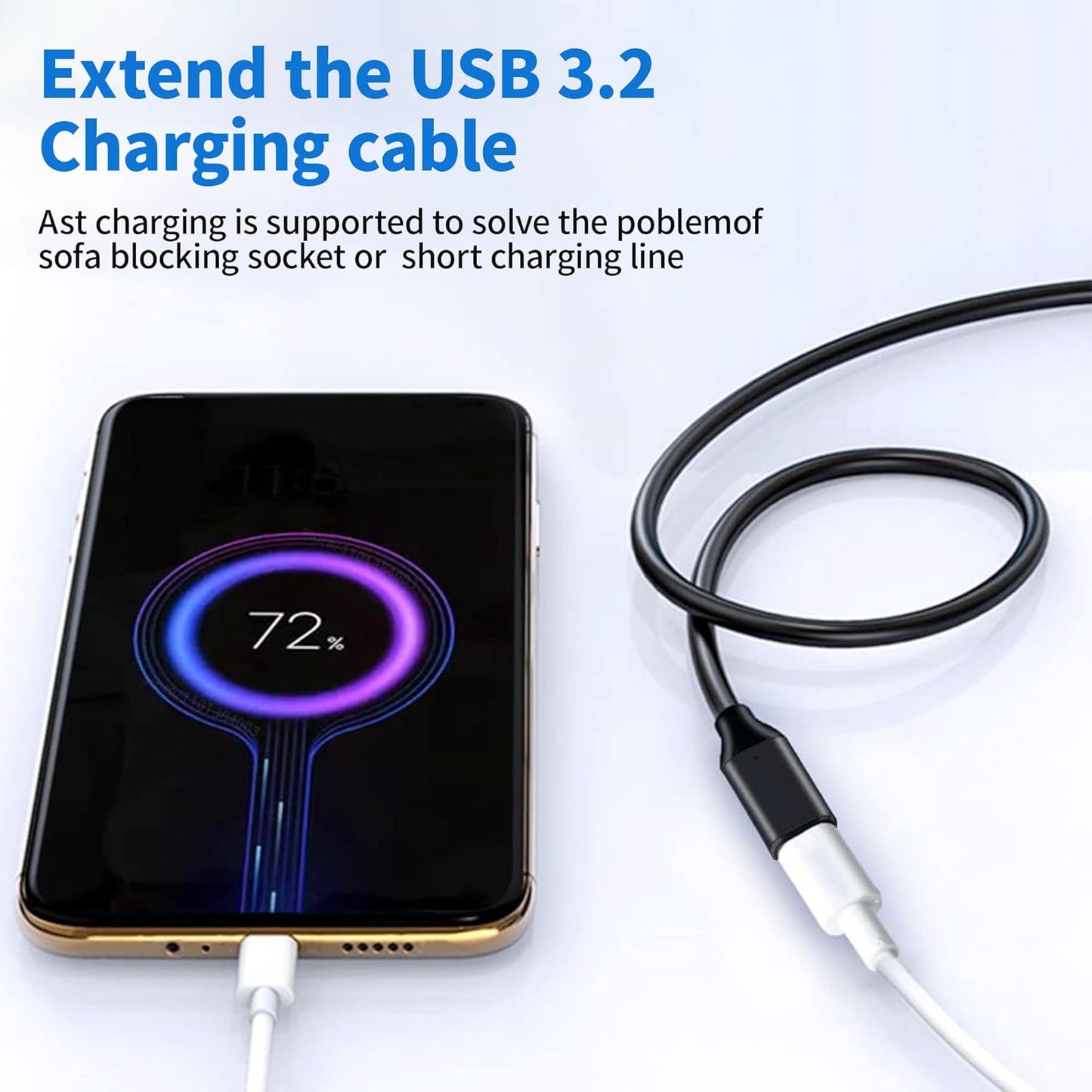 USB C Extension Cable 1.5ft, 100W USB Type C Male to Female Fast Charging Cable, 10Gbps Data Transfer, 4K@60Hz Hd Video Output Compatible with iPad Pro, MacBook Pro, Dell, Black