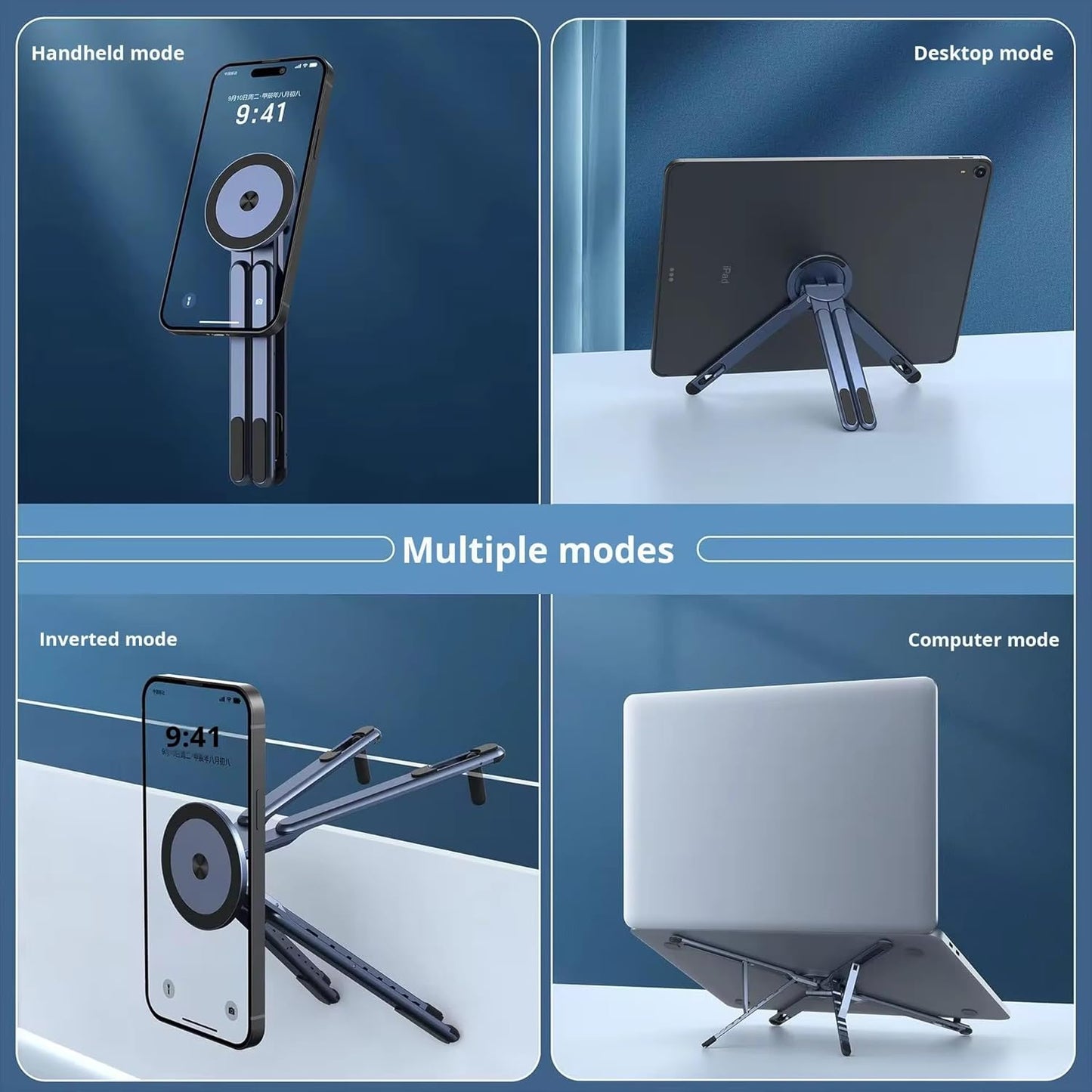 Metallic Portable Stand for Laptop/iPhone/iPad | Magnetic Phone Tripod Stand, 3-in-1 Adjustable Holder for iPhone iPad Laptop, 8-Level Height & Angle, Portable Aluminum Alloy Desktop Stand, Compatible with 4-13” iPhone, 10-16” Laptops & Tablets