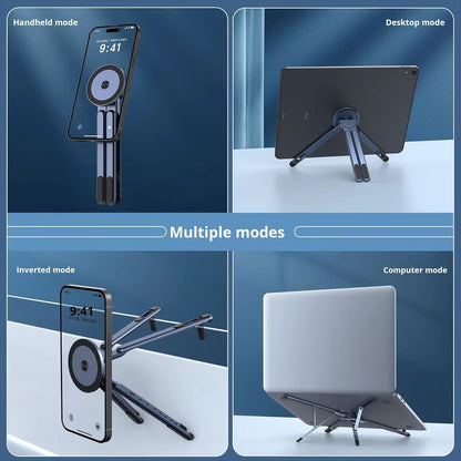 Metallic Portable Stand for Laptop/iPhone/iPad | Magnetic Phone Tripod Stand, 3-in-1 Adjustable Holder for iPhone iPad Laptop, 8-Level Height & Angle, Portable Aluminum Alloy Desktop Stand, Compatible with 4-13” iPhone, 10-16” Laptops & Tablets