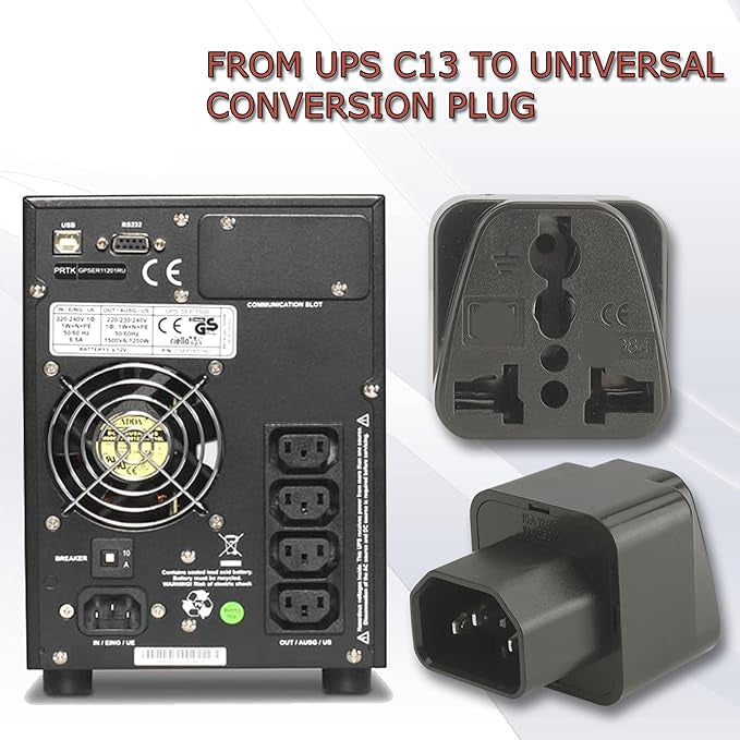 IEC C14 Male to Universal Female Socket Power Adapter | AC Adapter for PC, Servers, Monitors, Networking Equipment | 250V 10A | Pack of 2