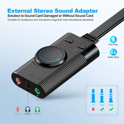 USB Sound Card, External Sound Card with Volume Control, USB to 3.5mm Jack Audio Adapter for Windows, Mac, PC, Laptop, Desktop, Headset, Switch and More, Plug & Play No Drivers Needed