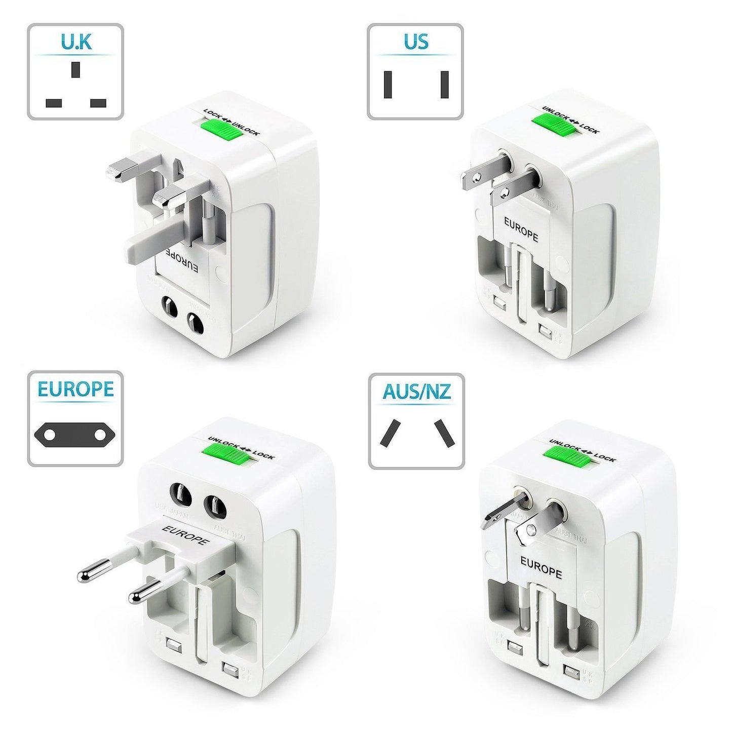 Universal World Wide Travel Adapter Plug, Power/Charger Adapter Plug, EU | AU | UK | US | CN | JP | HK Euro 2022 Surge Protector(White)