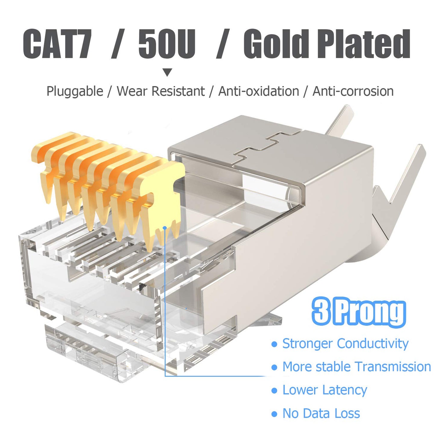 CAT 6a / CAT 7 Metal Shielded RJ45 Connectors,Cat 7 FTP 8P8C Modular Network Plug RJ 45 Cable Crimp Connector (Wire Hole 1.45mm/0.057in)