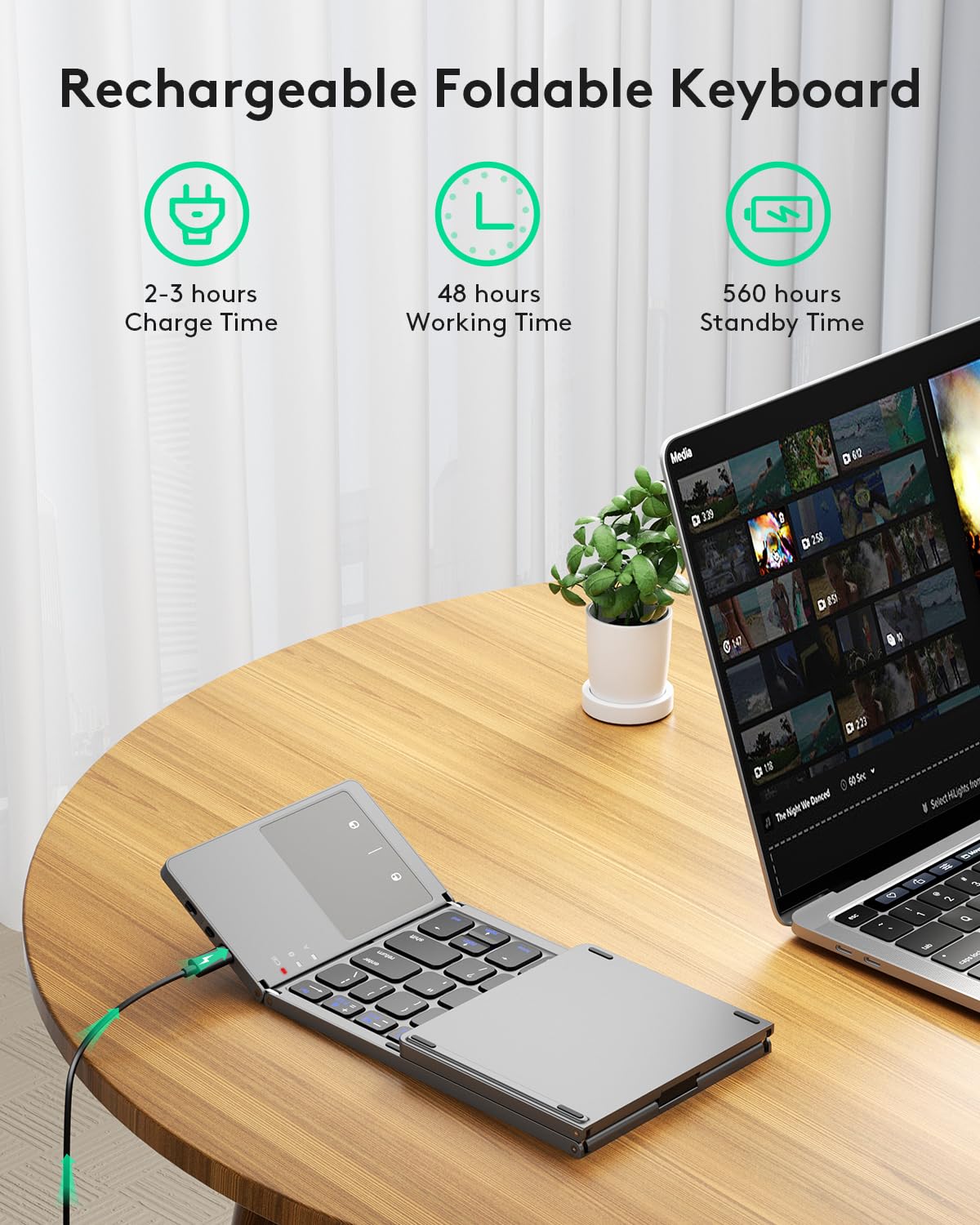 Foldable Bluetooth Keyboard with Touchpad - Portable Wireless Keyboard with Stand Holder, Rechargeable Full Size Ultra Slim Pocket Folding Keyboard for Android Windows IOS Tablet & Laptop-Gray