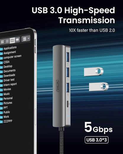 USB C Hub, SAILLIN 4 in 1 USB C Multiport Adapter Hub with 3 USB 3.0 Port, 100W Power Delivery, Aluminum Shell USB C/Thunderbolt 3 to USB 3.0 Adapter for MacBook Pro/Air, iPad Pro, XPS, and More