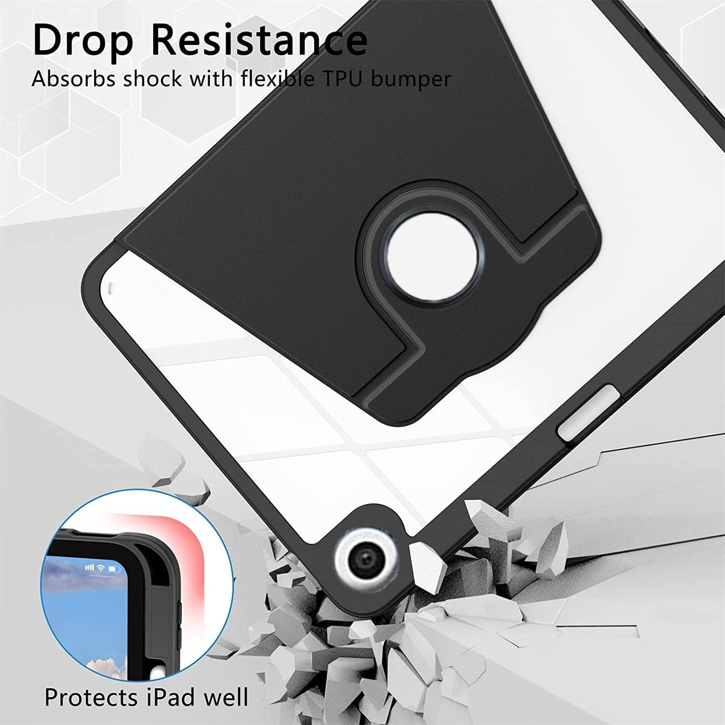 Cover for iPad 9.7 Cover Case, 360 Degree Rotatable Smart Flip Case Cover for Apple iPad 9.7 inch 2018/2017 5th 6th Generation Air 1 Air 2, Transparent Back with Pencil Holder