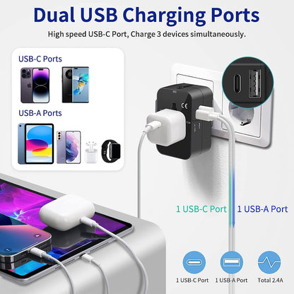 Universal World Wide Travel Adapter Plug With Type C USB Charging Ports 2.4A Type C & 2.4A USB-A Ports travel adapter for Phone, Laptop, Mobile, Camera, Tablet