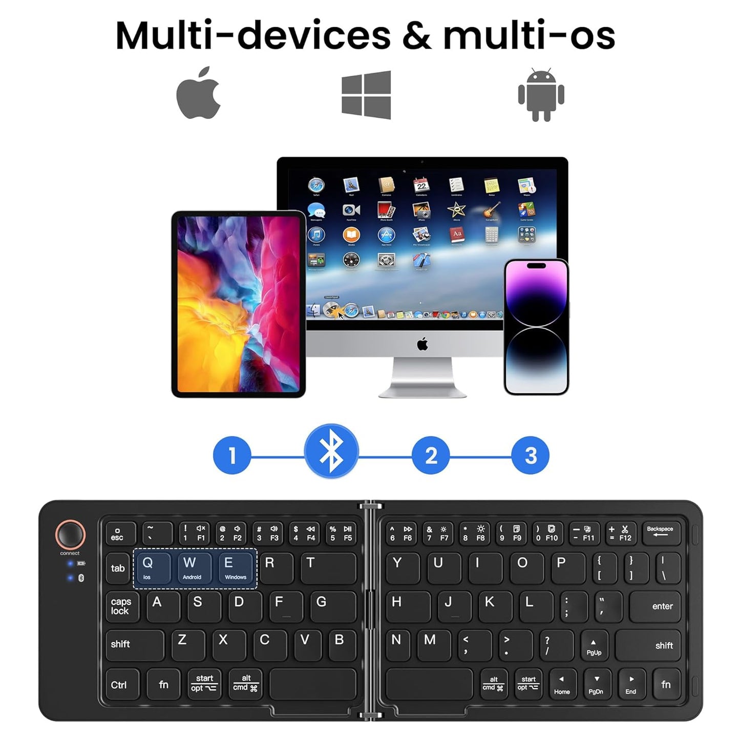 Portable Wireless Multi-Device Two Fold Foldable Keyboard with Phone Holder Bluetooth Handheld Multi-device Keyboard Compatible with Desktop, Laptop, Tablet, iPad, Mac Easy to Use,Plug and Play,Quick, Comfy Durable body  (Black)