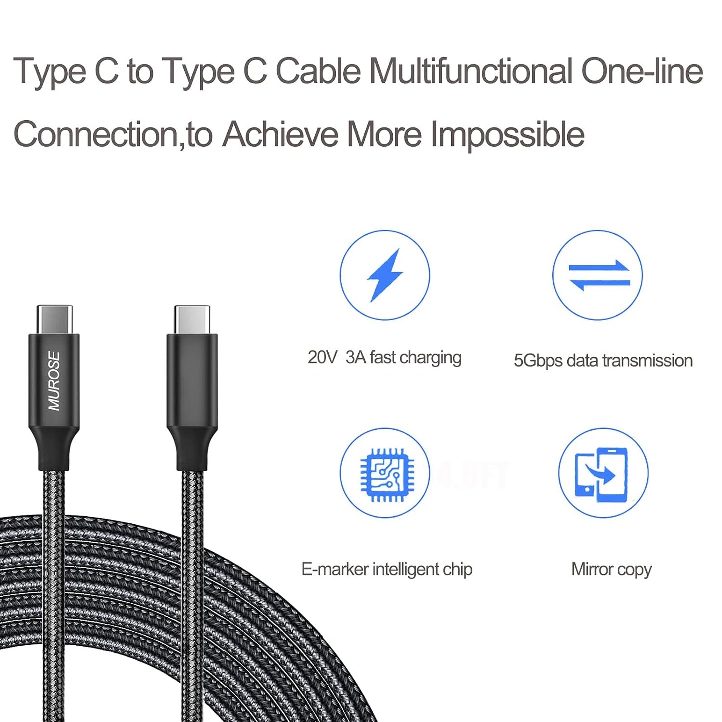 MUROSE USB C Cable to USB C 14.8 FT (About 4.5 M) Video Transmission/ Data Transfer/ Charging Cord with E-Marker Chipset, Compatible with Dell, MacBook, Gaming Box, etc.