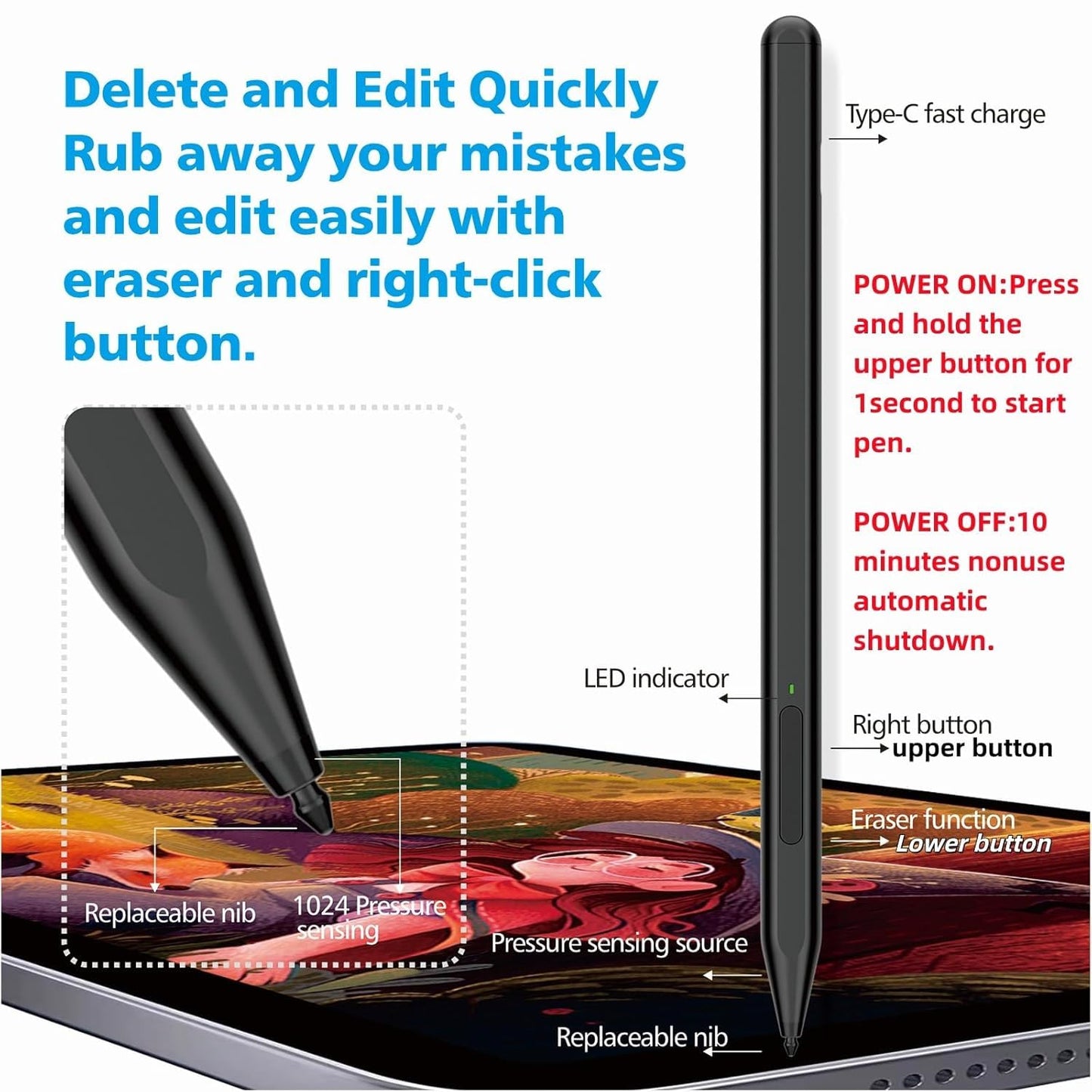Stylus Pen for Microsoft Surface Pro 12/11/10/9/8/X/7+/6/5/4/3, Go 4/3/2/1, Laptop 1-6/Studio/Book, with Palm Rejection, Tilt Function, 1024 Pressure, Black