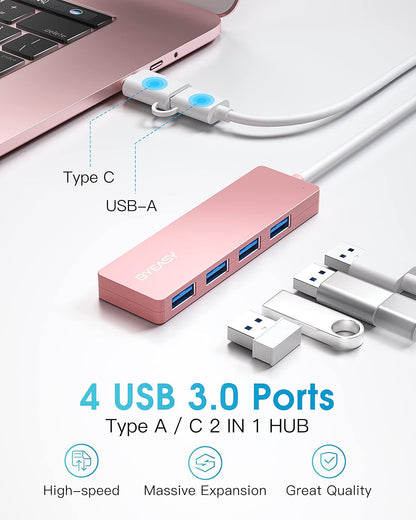 BYEASY USB Hub, USB 3.1 C to USB 3.0 Hub with 4 Ports and 2ft Extended Cable, Ultra Slim Portable USB Splitter for MacBook, Mac Pro/Mini, iMac, Ps4, PS5, Surface Pro, Flash Drive, Samsung(Pink)