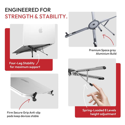 Metallic Portable Stand for Laptop/iPhone/iPad | Magnetic Phone Tripod Stand, 3-in-1 Adjustable Holder for iPhone iPad Laptop, 8-Level Height & Angle, Portable Aluminum Alloy Desktop Stand, Compatible with 4-13” iPhone, 10-16” Laptops & Tablets