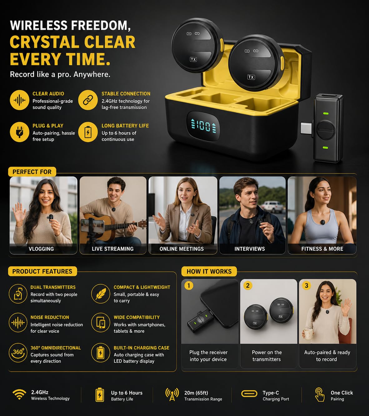 Wireless Microphone for YouTube, Noise Cancelling Lavalier Mic with 164ft Range, 40H Battery | Type-C & Lightning Compatible for Iphone and Android