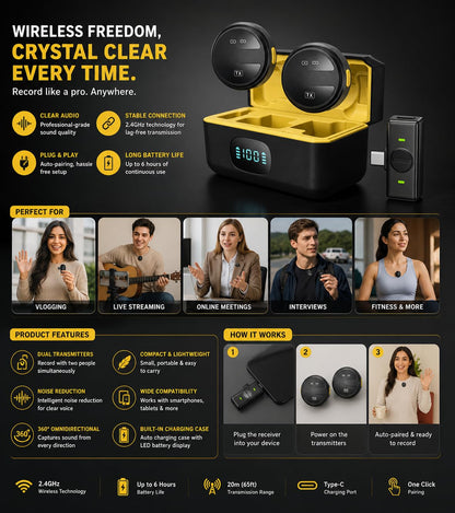 Wireless Microphone for YouTube, Noise Cancelling Lavalier Mic with 164ft Range, 40H Battery | Type-C & Lightning Compatible for Iphone and Android
