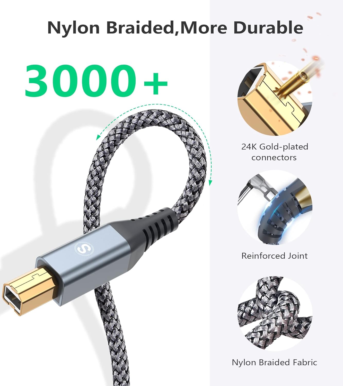 USB Type-C to USB B Printer Cable Nylon Braided for MacBook Pro/Air, Digital Piano MIDI Controller, HP Epson Canon Brother Lexmark Printers and Scanner