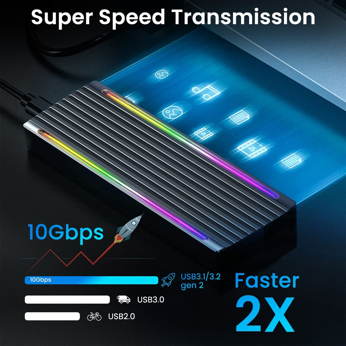 RGB M.2 NVME SATA SSD Enclosure, Dual Protocol RGB Aluminum Alloy SSD Case with USB C 3.1 Gen 2 USB3.0 to M.2 M-Key B+M Key Enclosure, Support Up to 2TB, Fits 2242 2260 2280, USB & USB C Devices