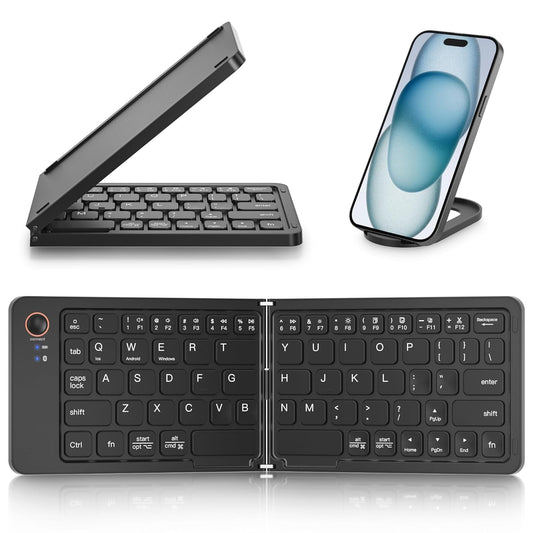 Portable Wireless Multi-Device Two Fold Foldable Keyboard with Phone Holder Bluetooth Handheld Multi-device Keyboard Compatible with Desktop, Laptop, Tablet, iPad, Mac Easy to Use,Plug and Play,Quick, Comfy Durable body  (Black)