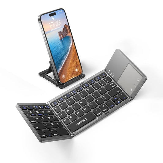 Foldable Bluetooth Keyboard with Touchpad - Portable Wireless Keyboard with Stand Holder, Rechargeable Full Size Ultra Slim Pocket Folding Keyboard for Android Windows IOS Tablet & Laptop-Gray