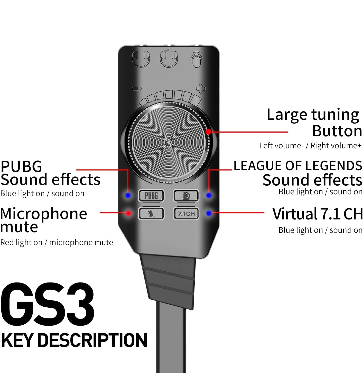 GS3 Mark II Virtual 7.1 Channel USB Sound Card Adapter, Microphone and 3.5mm Dual Headphone Audio Jack Stereo Sound Card Converter, Including PUBG and League of Legends Sound Effects