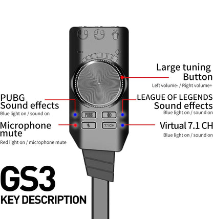 GS3 Mark II Virtual 7.1 Channel USB Sound Card Adapter, Microphone and 3.5mm Dual Headphone Audio Jack Stereo Sound Card Converter, Including PUBG and League of Legends Sound Effects