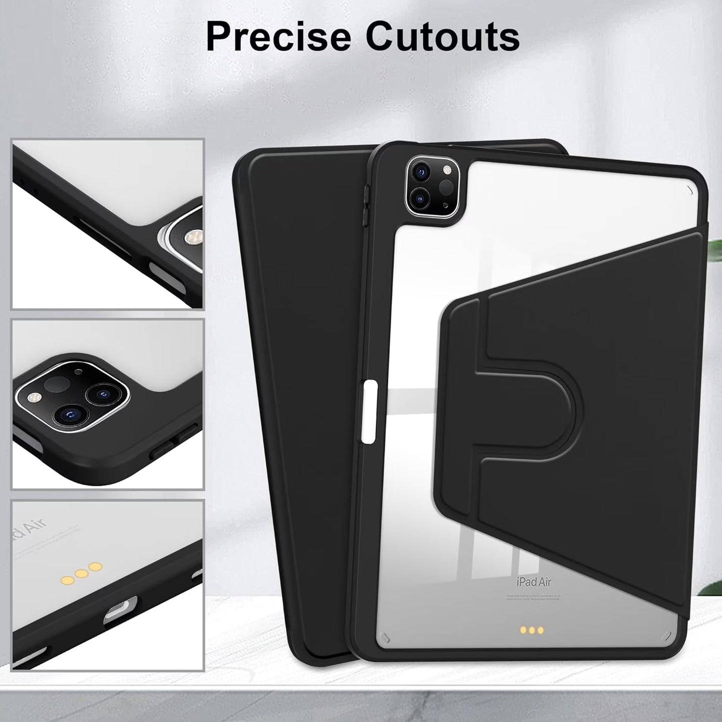 New 360° Rotation Transparent Case for iPad Air 11 inch M4/M3/M2 2026/2025/2024, Air 5th/4th Gen 10.9" & Pro 11 inch 2022 4th/3rd Gen case Cover, 360 Degree Rotatable Smart Flip Cover Transparent Back with Pencil Holder, Black