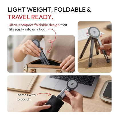 Metallic Portable Stand for Laptop/iPhone/iPad | Magnetic Phone Tripod Stand, 3-in-1 Adjustable Holder for iPhone iPad Laptop, 8-Level Height & Angle, Portable Aluminum Alloy Desktop Stand, Compatible with 4-13” iPhone, 10-16” Laptops & Tablets