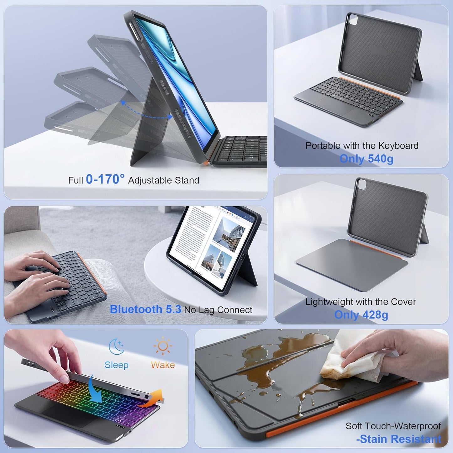 Wireless Bluetooth TouchPad Keyboard Case for iPad 11th Gen A16/10th Gen, iPad Air 11 M4/M2/M3(2026/2025/2024), iPad Pro 11 inch 4th/3rd/2nd/1st Gen, iPad Air 5th/4th Gen 10.9 inch | Grey