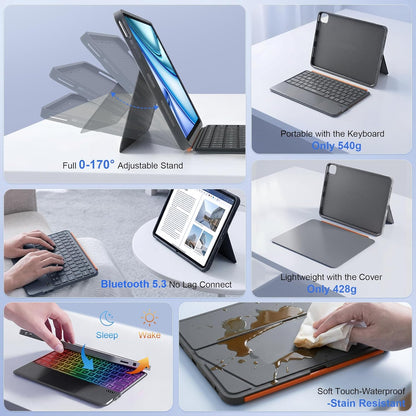 Wireless Bluetooth TouchPad Keyboard Case for iPad 11th Gen A16/10th Gen, iPad Air 11 M4/M2/M3(2026/2025/2024), iPad Pro 11 inch 4th/3rd/2nd/1st Gen, iPad Air 5th/4th Gen 10.9 inch | Grey