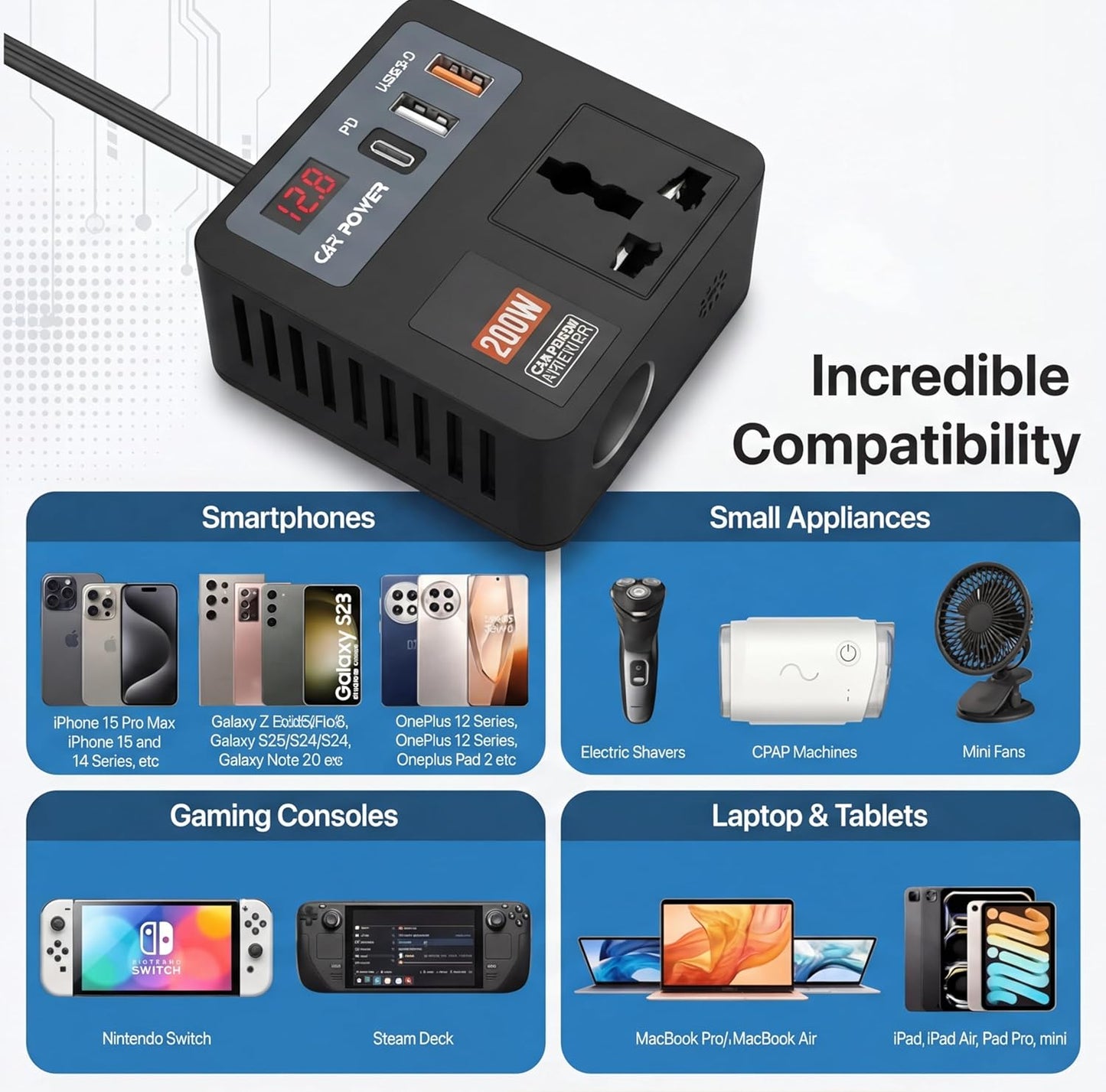 200W Car Power Inverter 12V DC to 220V AC Converter with 2 AC Universal Outlets, 30W PD USB-C, Dual USB QC 3.0 (18W+15W), Fast Car Charger for Laptop, Mobile & Electronic Devices