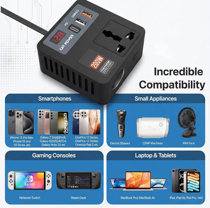 200W Car Power Inverter 12V DC to 220V AC Converter with 2 AC Universal Outlets, 30W PD USB-C, Dual USB QC 3.0 (18W+15W), Fast Car Charger for Laptop, Mobile & Electronic Devices