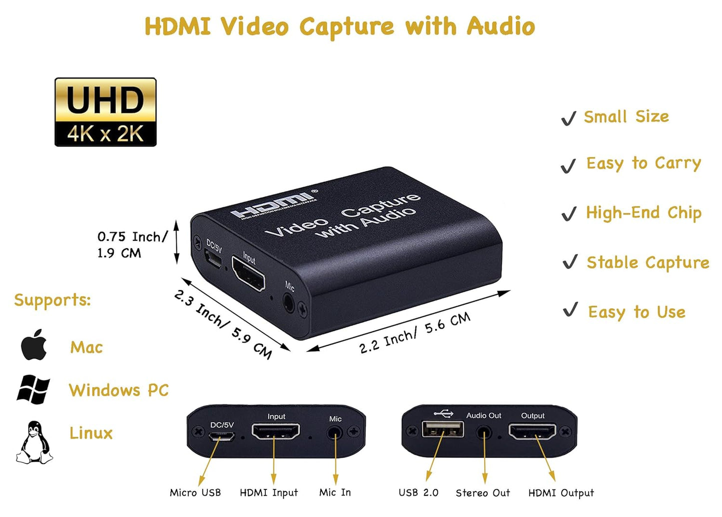 Video Capture Card with Audio,4K Live Streaming HDMI Video Game Capture Grabber Recording Device with Mic Input and Stereo Audio Output for Full HD 1080P 60FPS Acquisition, Live Broadcasting
