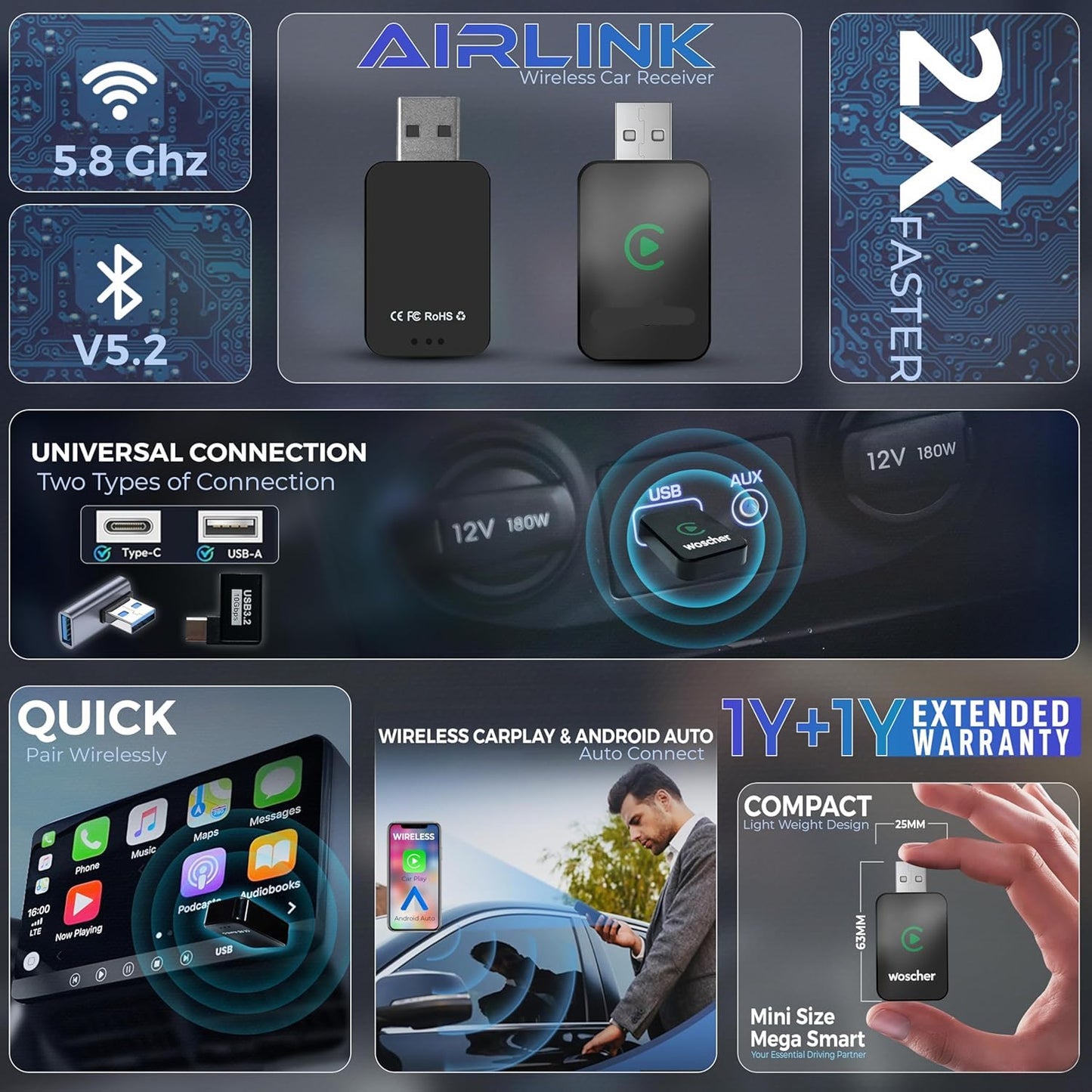 2 in 1 Airlink Wireless CarPlay Adapter | Android Auto Adapter for Car | Convert Wired to Wireless,Bluetooth Connectivity for Cars, OEM Installed Wired Android Auto/CarPlay (Black)