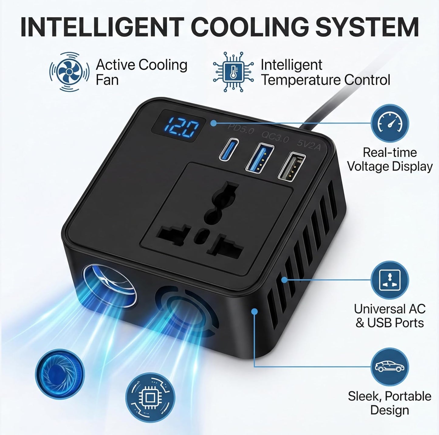 200W Car Power Inverter 12V DC to 220V AC Converter with 2 AC Universal Outlets, 30W PD USB-C, Dual USB QC 3.0 (18W+15W), Fast Car Charger for Laptop, Mobile & Electronic Devices
