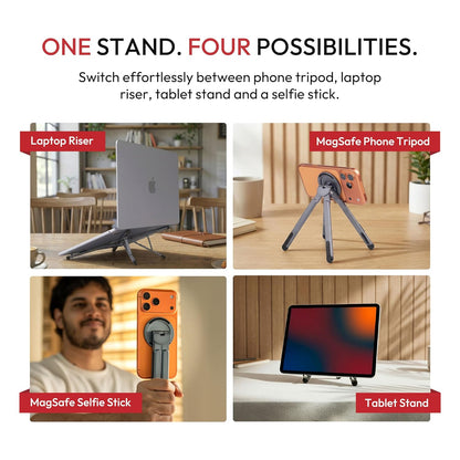 Metallic Portable Stand for Laptop/iPhone/iPad | Magnetic Phone Tripod Stand, 3-in-1 Adjustable Holder for iPhone iPad Laptop, 8-Level Height & Angle, Portable Aluminum Alloy Desktop Stand, Compatible with 4-13” iPhone, 10-16” Laptops & Tablets