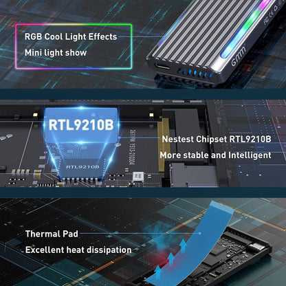 RGB M.2 NVME SATA SSD Enclosure, Dual Protocol RGB Aluminum Alloy SSD Case with USB C 3.1 Gen 2 USB3.0 to M.2 M-Key B+M Key Enclosure, Support Up to 2TB, Fits 2242 2260 2280, USB & USB C Devices